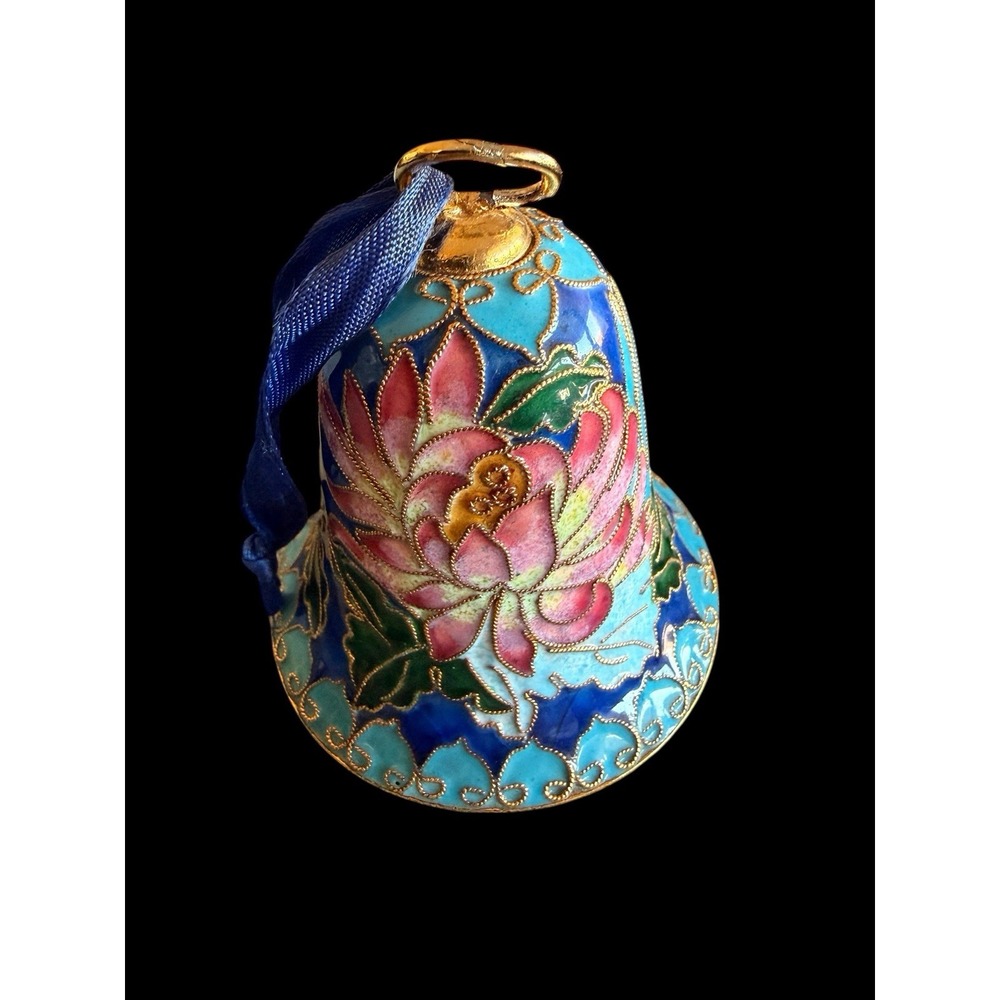 Vintage Cloisonne Enamel Bell Pink Lotus Floral Blue Gold Tone Ornament 3 Inch